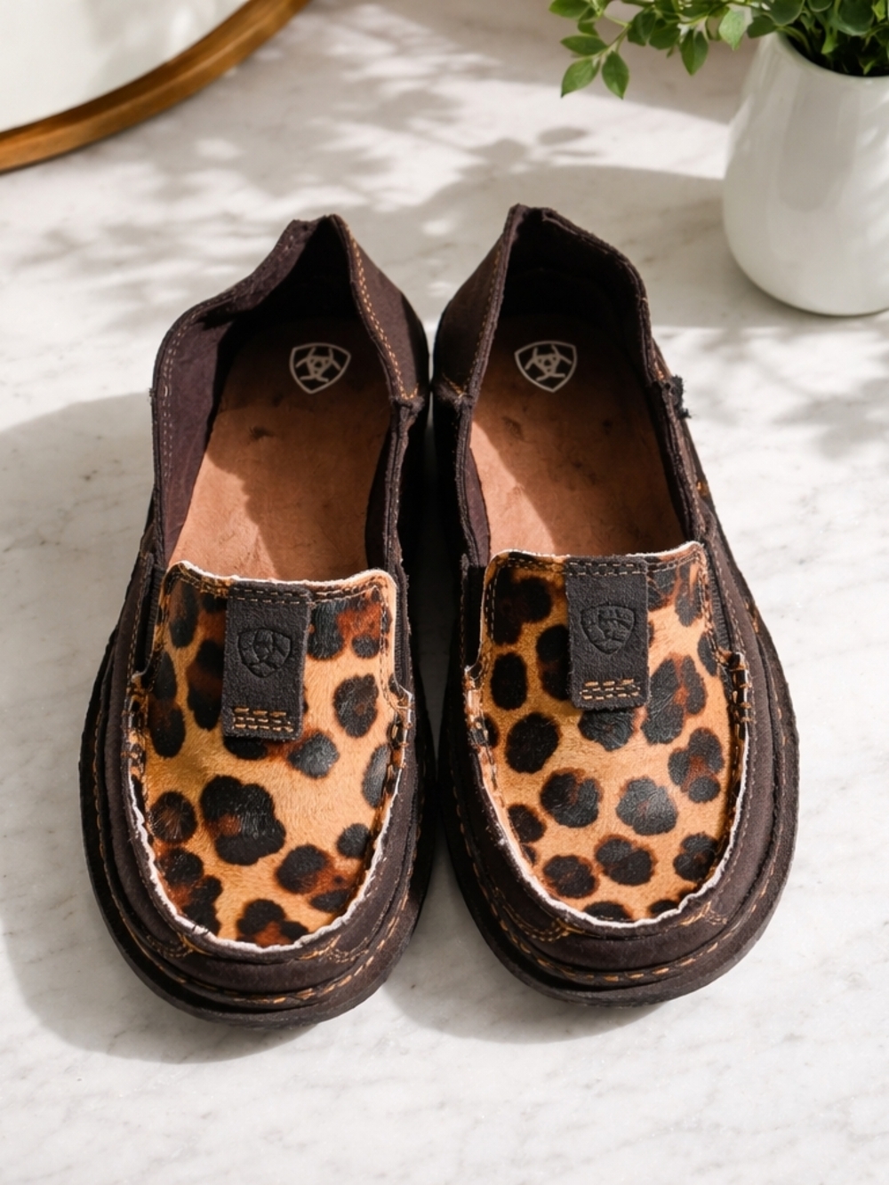 Ariat Hair On Leather Leopard Moccasin Slip-Ons.